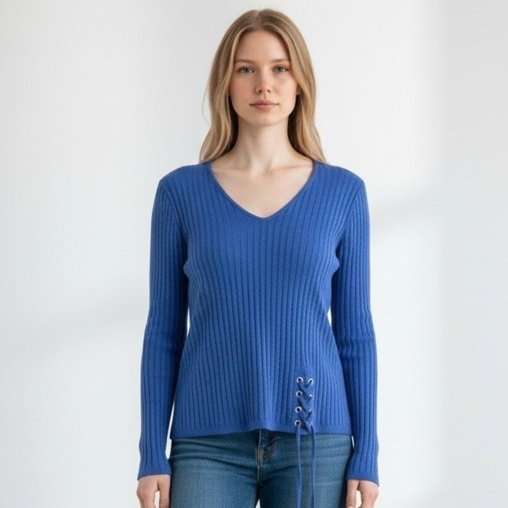 PerSeption Concept Royal Blue Ribbed V-Neck Lace Up Grommet Top Small TP-MS-1744